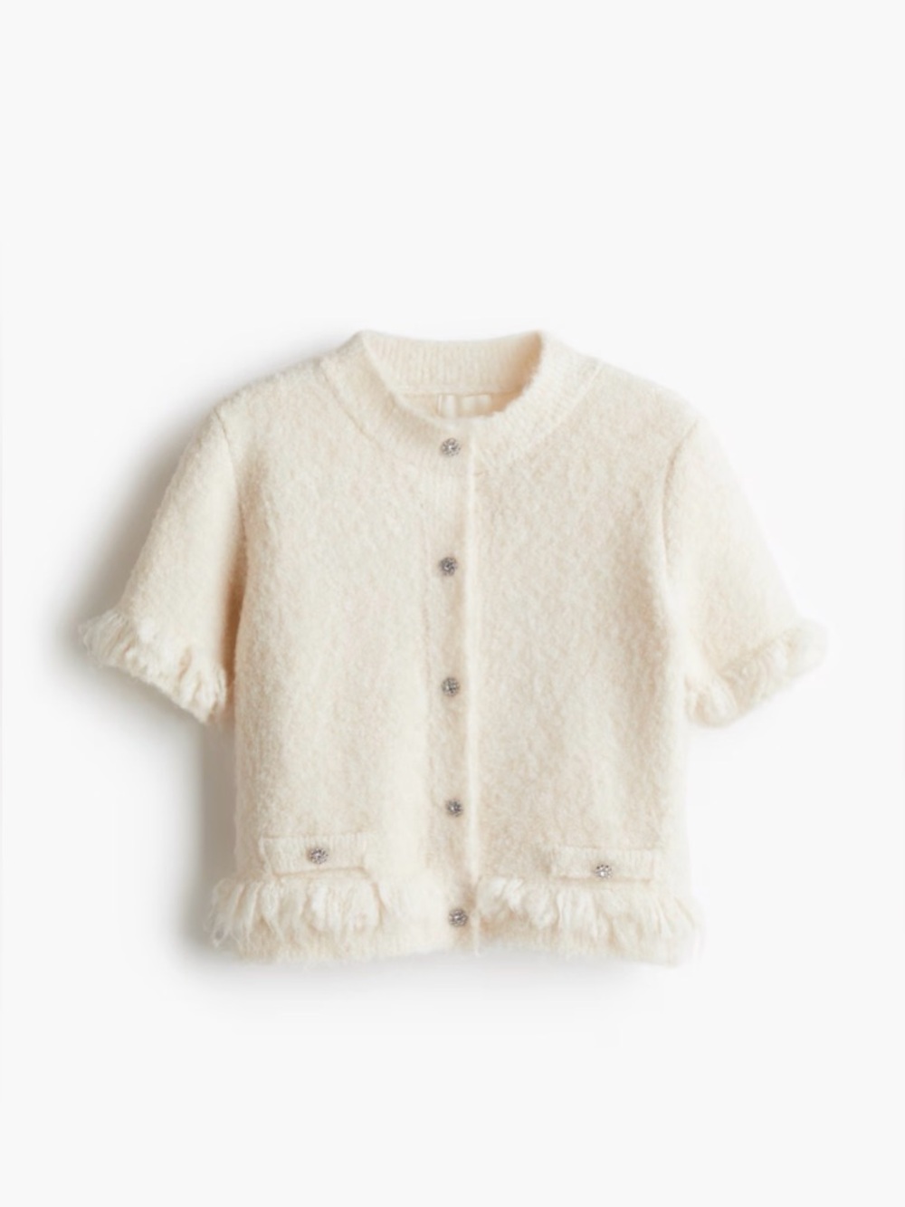 H&M Cream Textured Short Sleeve Cardigan with Crystal Buttons